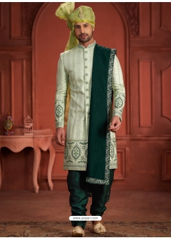 Green Pure Silk Heavy Worked Wedding Wear Groom Sherwani