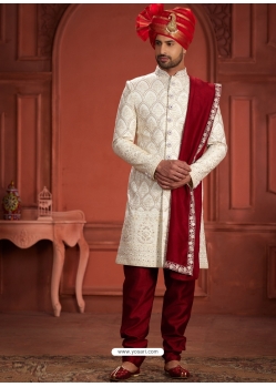 Sequence And Hand Worked Pure Silk Wedding Wear Sherwani In Cream And Maroon