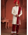 Sequence And Hand Worked Pure Silk Wedding Wear Sherwani In Cream And Maroon