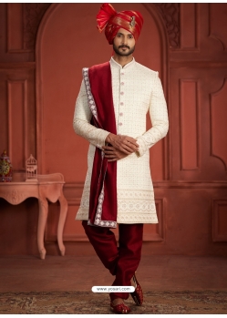 Heavy Worked Cream And Maroon Silk Wedding Wear Sherwani