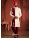 Heavy Worked Cream And Maroon Silk Wedding Wear Sherwani