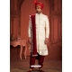 Cream And Maroon Pure Dola Silk Wedding Wear Groom Sherwani