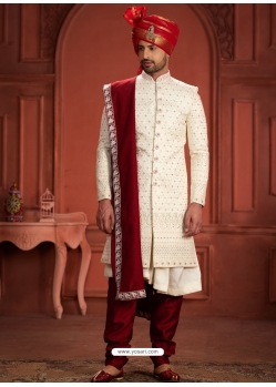 Cream And Maroon Pure Dola Silk Wedding Wear Groom Sherwani