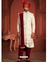 Cream And Maroon Pure Dola Silk Wedding Wear Groom Sherwani