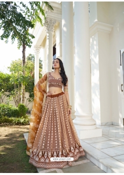 Brown Embroidery And Sequins Worked Butterfly Net Designer Lehenga Choli