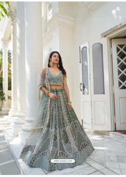 Grayish Green Embroidery And Sequins Worked Butterfly Net Lehenga Choli