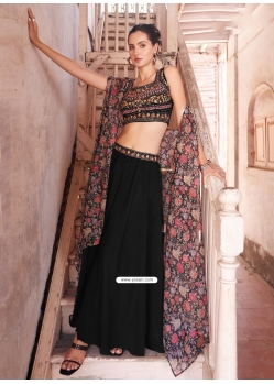 Black Georgette Readymade Salwar Suit With Embroidered And Mirror Work