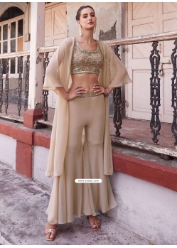 Cream Georgette Readymade Salwar Suit With Embroidered And Mirror Work