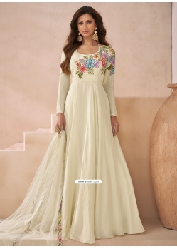 Trendy Off White Silk Gown With Embroidered Work