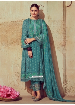 Digital Print Work Muslin Salwar Suit In Turquoise