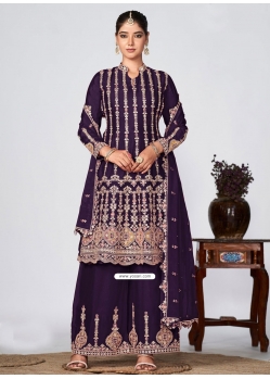 Embroidered Work Chinon Designer Salwar Suit In Purple For Ceremonial