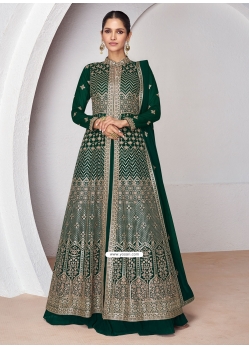 Embroidered Work Georgette Lehenga Suit In Green
