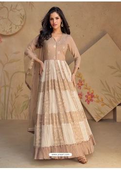 Stylish Beige Embroidered Readymade Gown With Dupatta