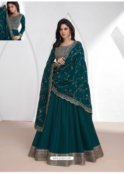 Teal Embroidered Silk Readymade Gown With Dupatta