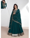 Teal Embroidered Silk Readymade Gown With Dupatta