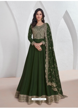Green Embroidered Silk Readymade Gown With Dupatta