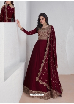 Maroon Embroidered Silk Readymade Gown With Dupatta