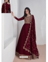 Maroon Embroidered Silk Readymade Gown With Dupatta