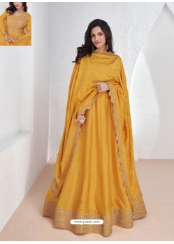 Mustard Embroidered Silk Readymade Gown With Dupatta