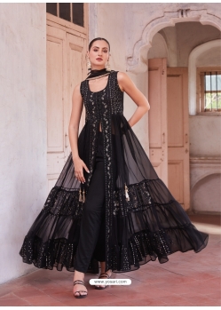 Black Thread And Embroidered Readymade Front Cut Suit