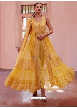 Yellow Thread Sequins And Embroidered Front Cut Suit