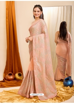 Peach Georgette Sequins Embroidered Saree