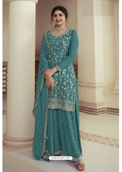 Turquoise Chinon Designer Embroidered Palazzo Suit