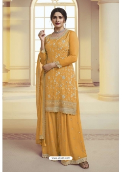 Yellow Chinon Designer Embroidered Palazzo Suit