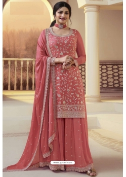 Peach Chinon Designer Embroidered Palazzo Suit