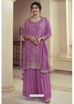 Purple Chinon Designer Embroidered Palazzo Suit