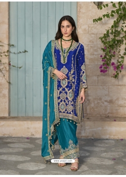 Latest Blue And Teal Chinnon Designer Salwar Suit