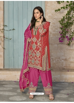 Dark Peach And Pink Chinnon Designer Salwar Suit