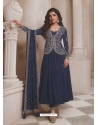 Blue Chinon Embroidered Anarkali Suit