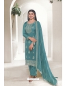 Turquoise Organza Embroidered Designer Suit