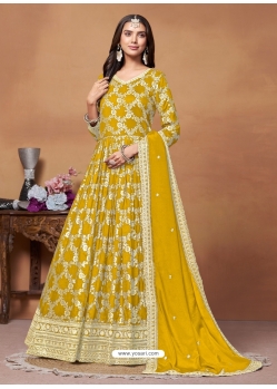Yellow Dola Jacquard Party Wear Long Gown With Dupatta