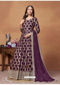 Purple Dola Jacquard Party Wear Long Gown With Dupatta