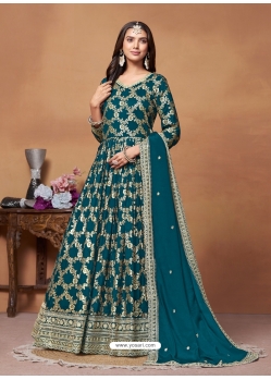 Teal Dola Jacquard Party Wear Long Gown With Dupatta