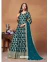 Teal Dola Jacquard Party Wear Long Gown With Dupatta