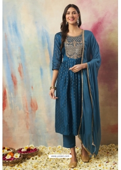 Teal Blue Embroidered Cotton Silk Readymade Suit