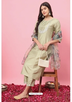 Olive Green Silk Readymade Straight Suit