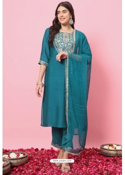 Teal Blue Silk Readymade Straight Suit