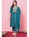 Teal Blue Silk Readymade Straight Suit