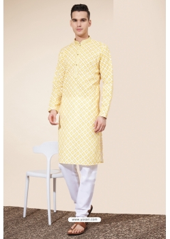 Stylish Heavy Cotton Digital Printed Kurta Pajama In Yellow