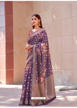Purple Soft Weaving Zari Floral Printed Saree