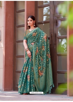 Green Soft Weaving Zari Floral Printed Saree