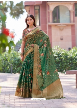 Floral Printed Soft Weaving Zari Saree In Green