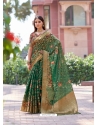 Floral Printed Soft Weaving Zari Saree In Green