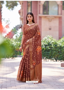 Brown Soft Weaving Zari Floral Printed Saree