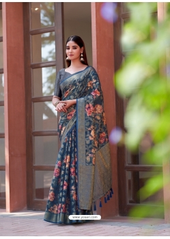 Teal Blue Soft Weaving Zari Floral Printed Saree