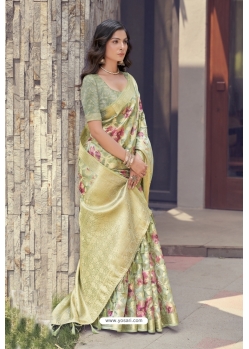 Green Soft Weaving Zari Digital Printed Saree